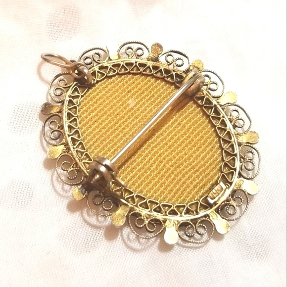 ANTQ MINIATURE Hand Painted on Silk Victorian Lady Silver Pendant Brooch - Picture 5 of 6